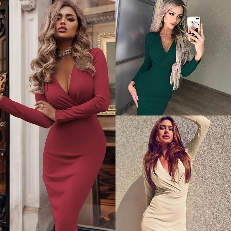 Today’s Special deep V pleated bag hip long-sleeved solid color maxi dress