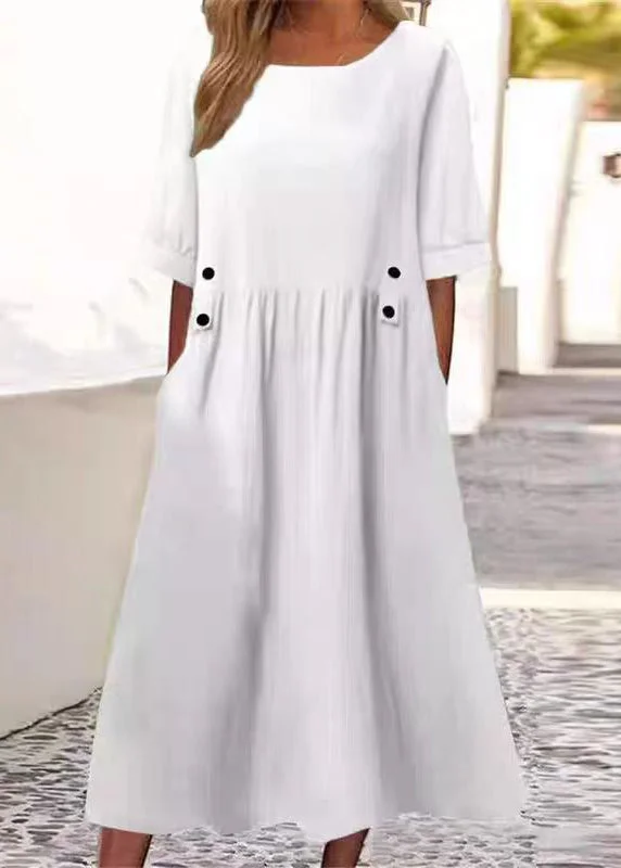 Doorbuster Deal Art White O Neck Pockets Solid Cotton Long Dress Summer QA027