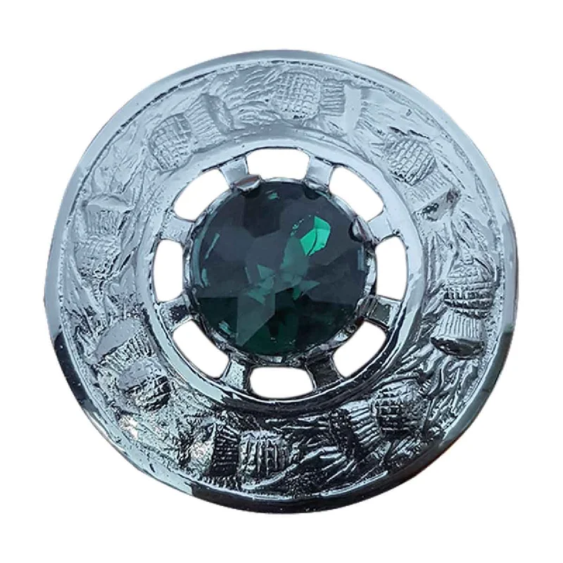 Act Fast Plaid Brooch Green Stone Round Thistle Flower