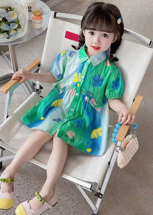 Savings Galore Stylish Green Ruffled Button Cotton Girls Shirt Dresses Summer XZ060