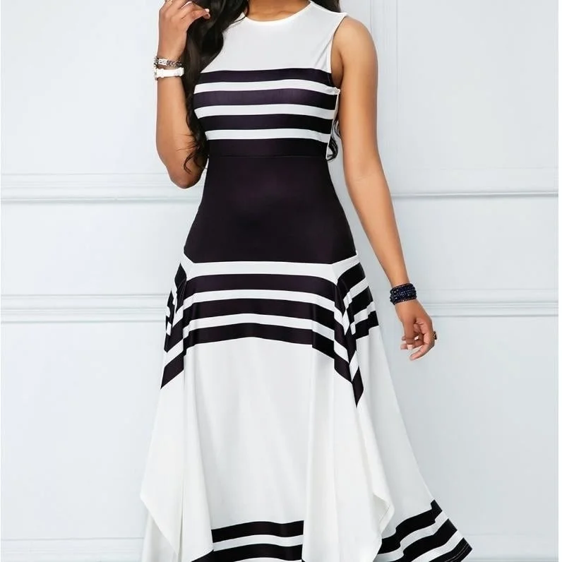 Limited Availability Round Collar Sleeveless Stripe Maxi Dress