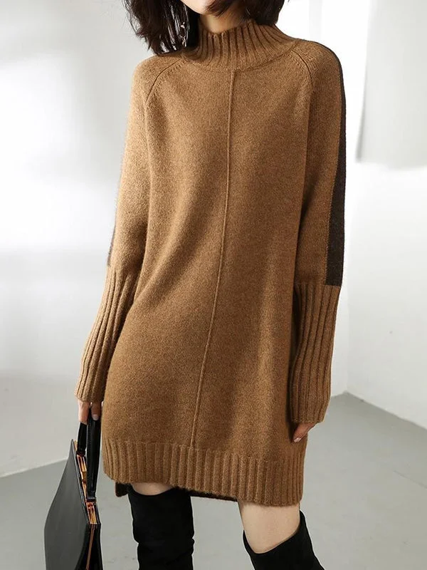 YEAR-End Clearance Urban Camel Half Turtleneck Contrast Color Long Sleeve Knit Sweater Dress AN1068