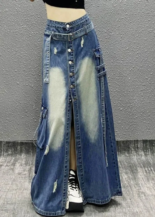 Exclusive Deal Boutique Blue Pockets Patchwork Front Open Denim Skirt Fall RI005