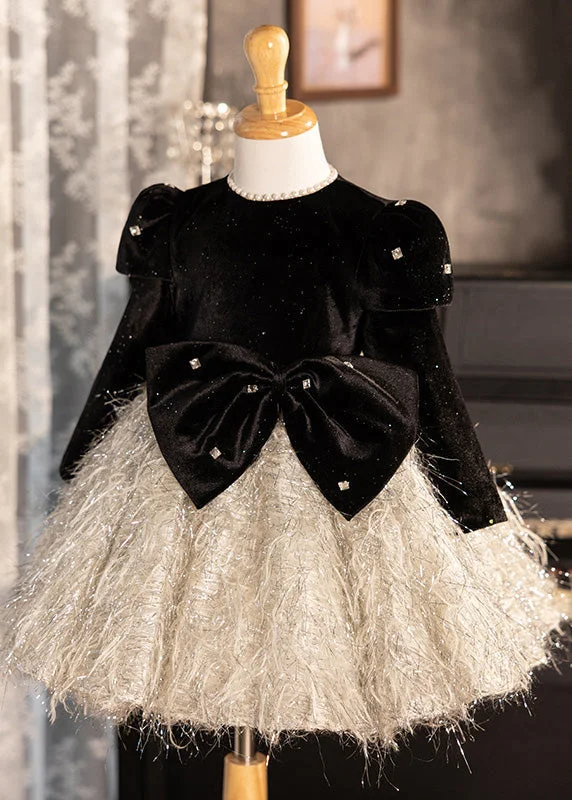 Time-Limited Offer Art Black Patchwork Bow Silk Velour Girls Long Dress Winter RP047