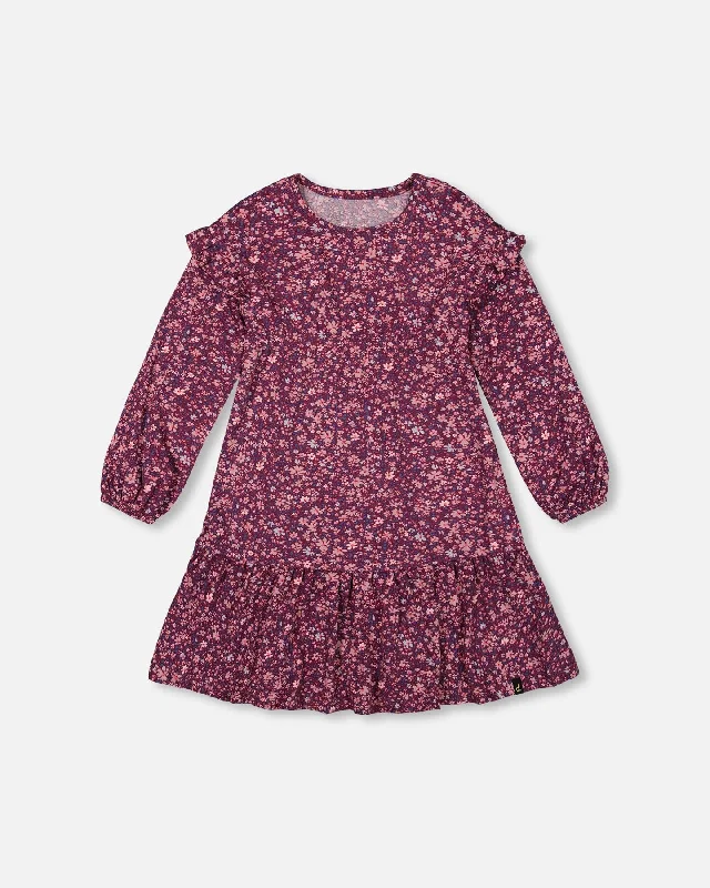Hurry In Dress With Frills Burgundy Printed Little Flowers