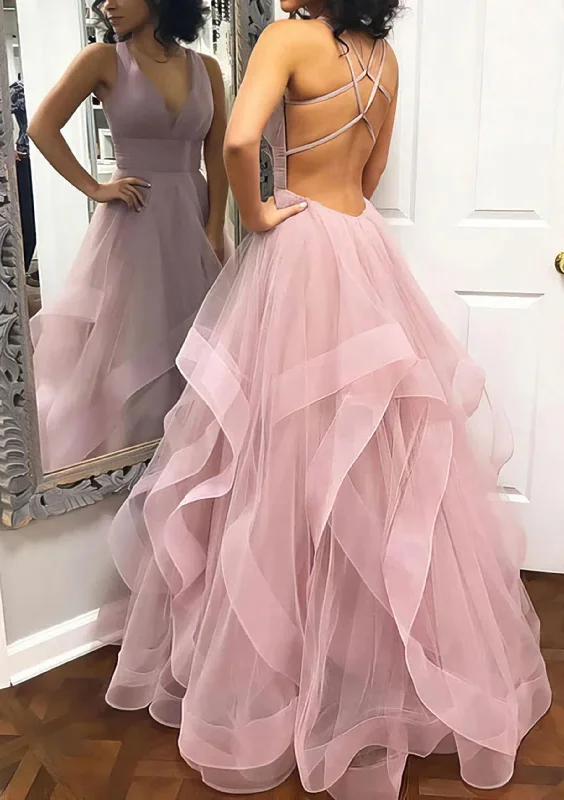 Don’t Miss Out A-line Princess V Neck Sleeveless Tulle Long/Floor-Length Corset Prom Dress With Pleated Gowns