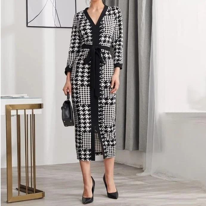 Price Reduction Houndstooth Split Hem Belted Dress