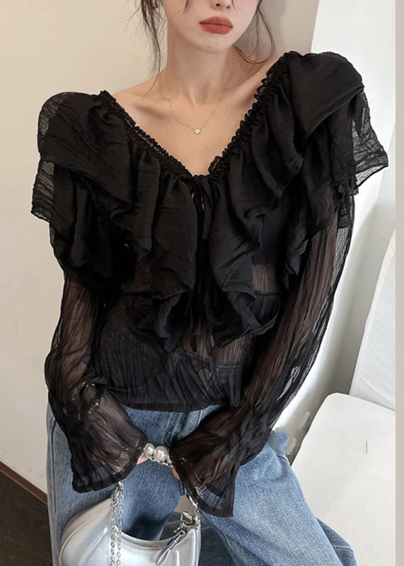 Steals and Deals Sexy Black V Neck Ruffled Chiffon Shirts Long Sleeve LY0790