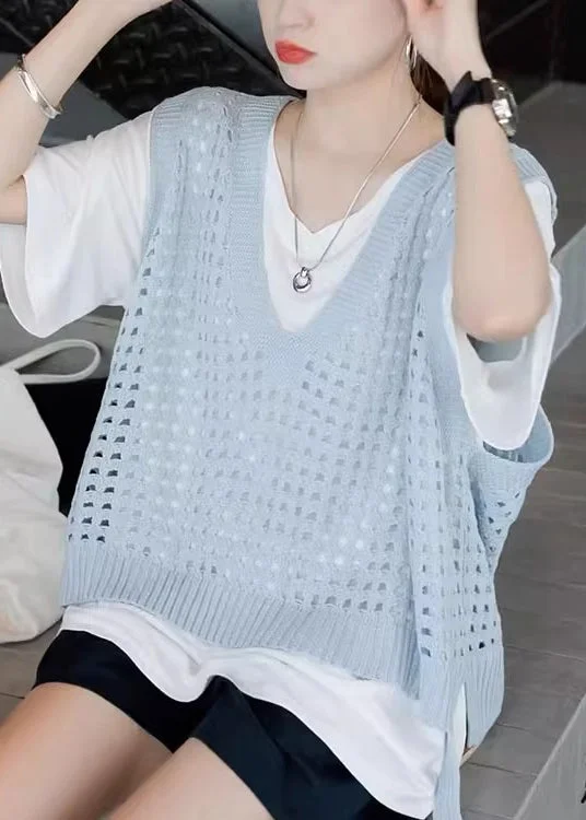 Today’s Special French Blue V Neck Hollow Out Knit Vest Summer QC035