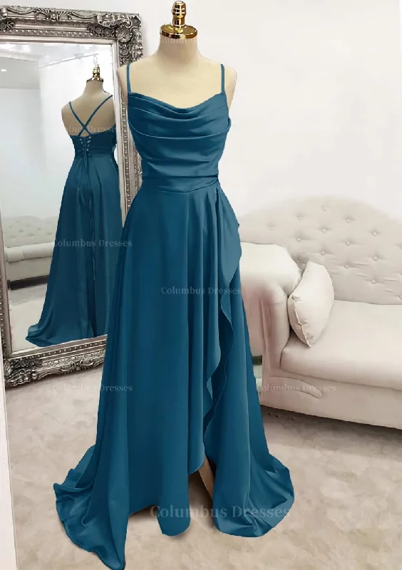 Bargain Bin A-line Bateau Spaghetti Straps Long/Floor-Length Satin Prom Dress With Pleated Split