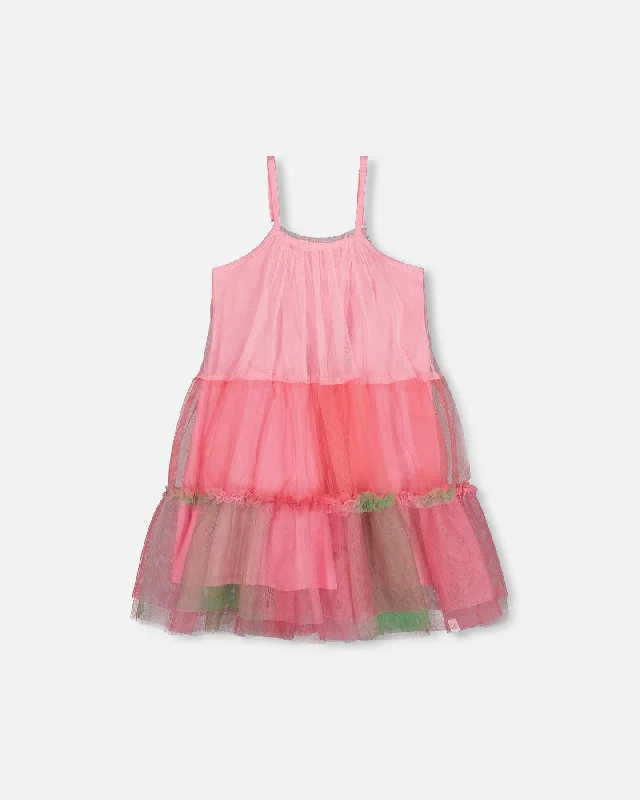 Bargain Prices Sleeveless Color Block Tulle Dress Pink And Green