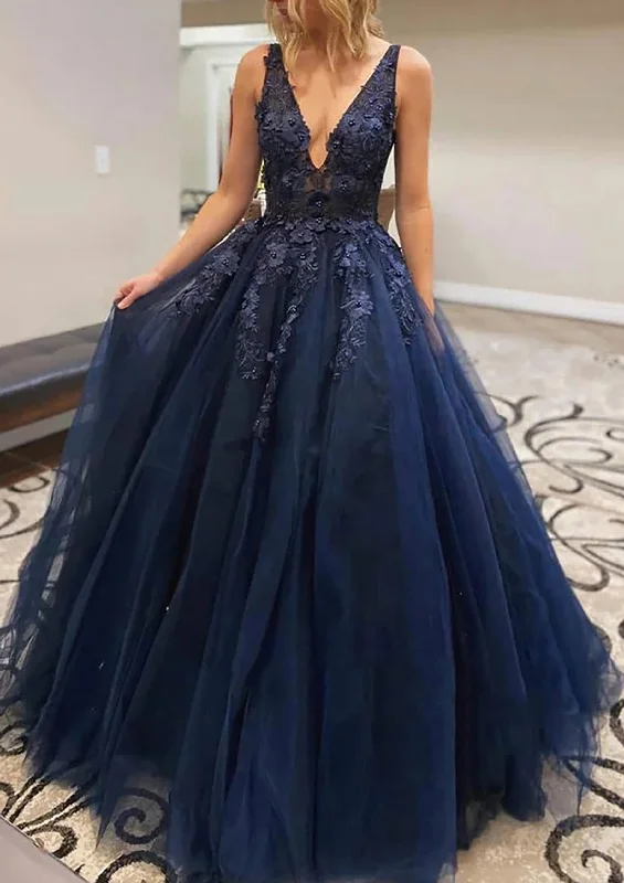 Discount Deals A-line V Neck Long/Floor-Length Lace Tulle Corset Prom Dress With Appliqued Gowns