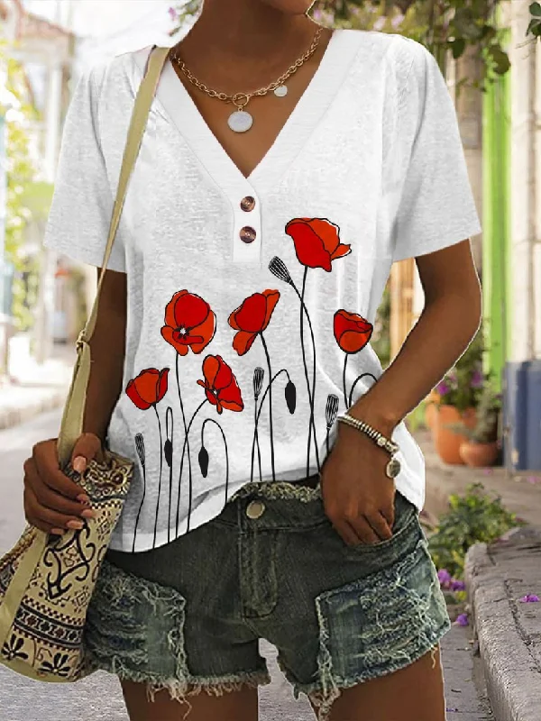Weekend Deal V Neck Casual Floral Memorial Day Loose  T-Shirt CC53