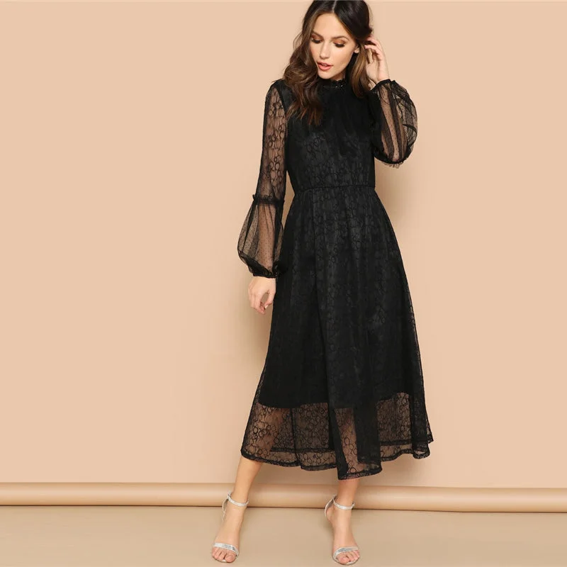 Low Prices Women's Summer Casual Lace A-Line Puff-Sleeved Long Dress