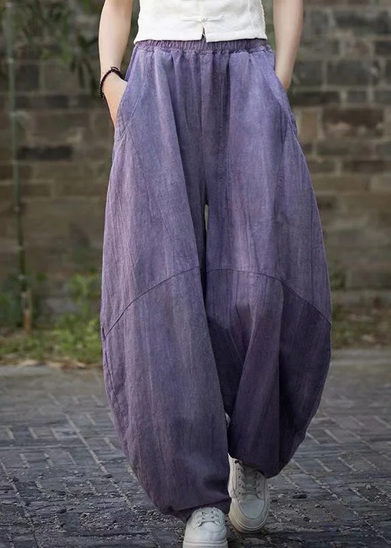 Clearance Sale Unique Purple Tie Dye Pockets Linen Pants Summer QE052