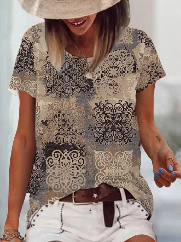 Deal of the Week Casual Geometric Printed Round Neck Loosen Short Sleeve T-shirt  QH109
