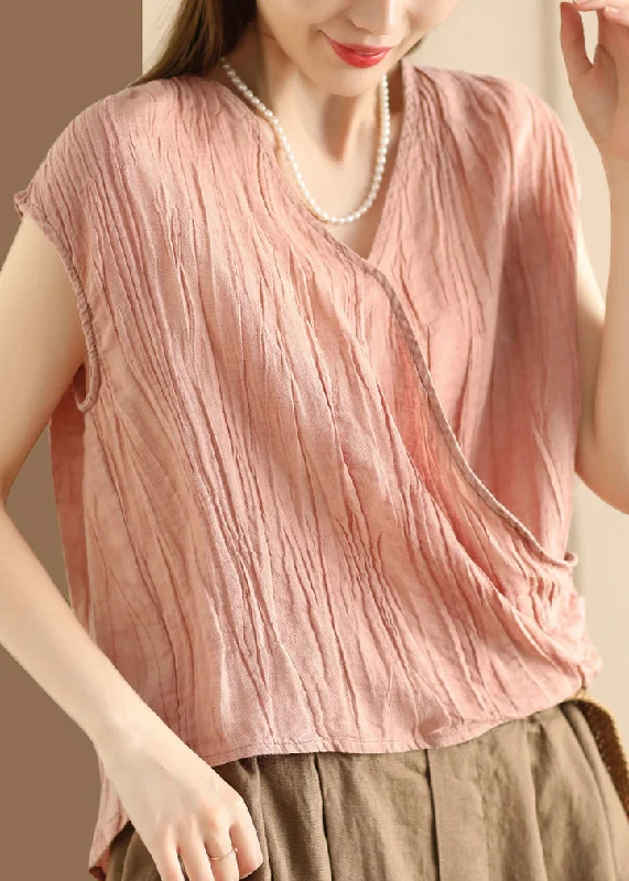 YEAR-End Clearance Unique Pink V Neck Wrinkled Cotton T Shirt Summer QK023