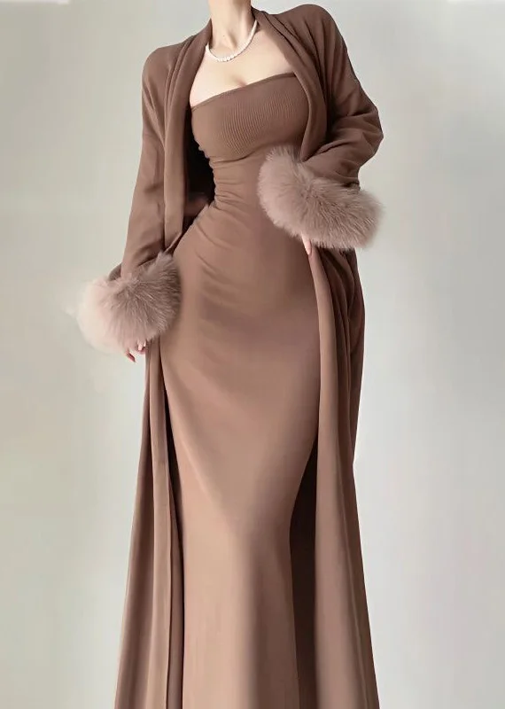 Price Smash Modern Coffee Knit Cotton Long Cardigans And Long Dress Two Pieces Set Winter RP021