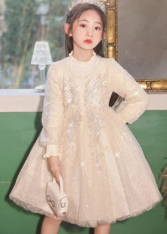 Price Buster Casual Champagne Stand Collar Nail Bead Tulle Kids Long Dress Fall QV020 Price Buster Casual Champagne Stand Collar Nail Bead Tulle Kids Long Dress Fall QV020
