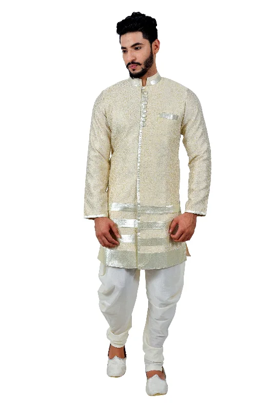 Great Deals Cream Cotton Brocade Silk Traditional Indian Wedding Indo-Western Sherwani for Men
