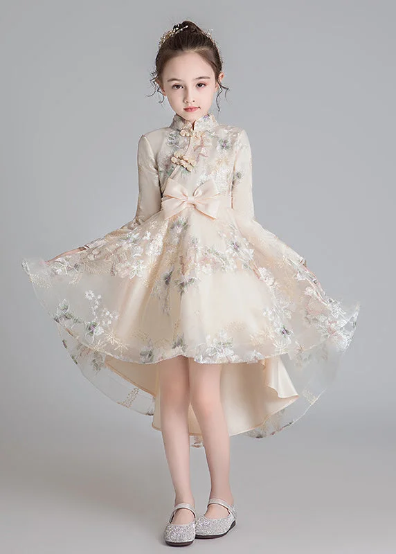 New Arrival Stylish Champagne Stand Collar Embroideried Low High Design Tulle Girls Long Dresses Fall QV002 New Arrival Stylish Champagne Stand Collar Embroideried Low High Design Tulle Girls Long Dresses Fall QV002