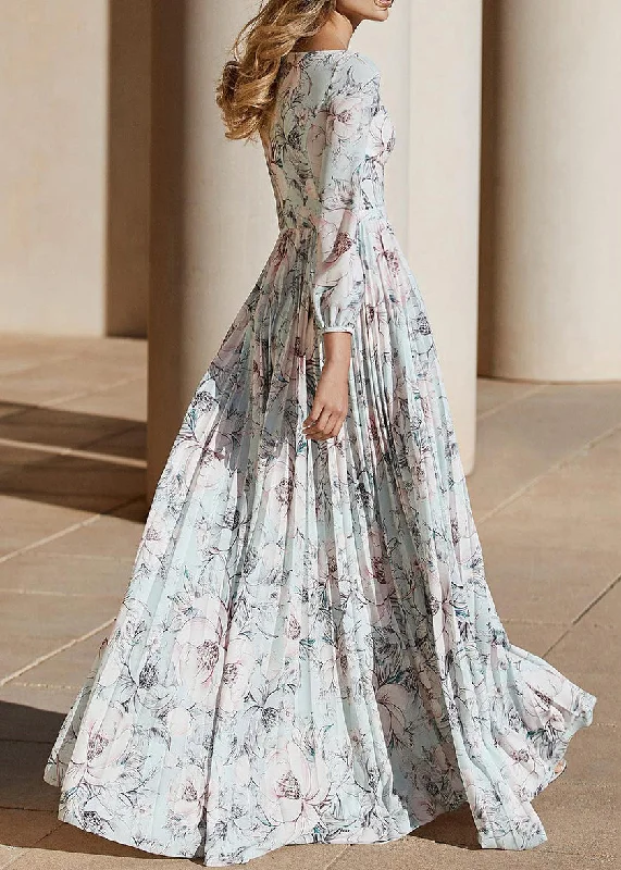 Year-End Clearance Elegant Light Blue Print Wrinkled Chiffon Ankle Dress Fall AM1030