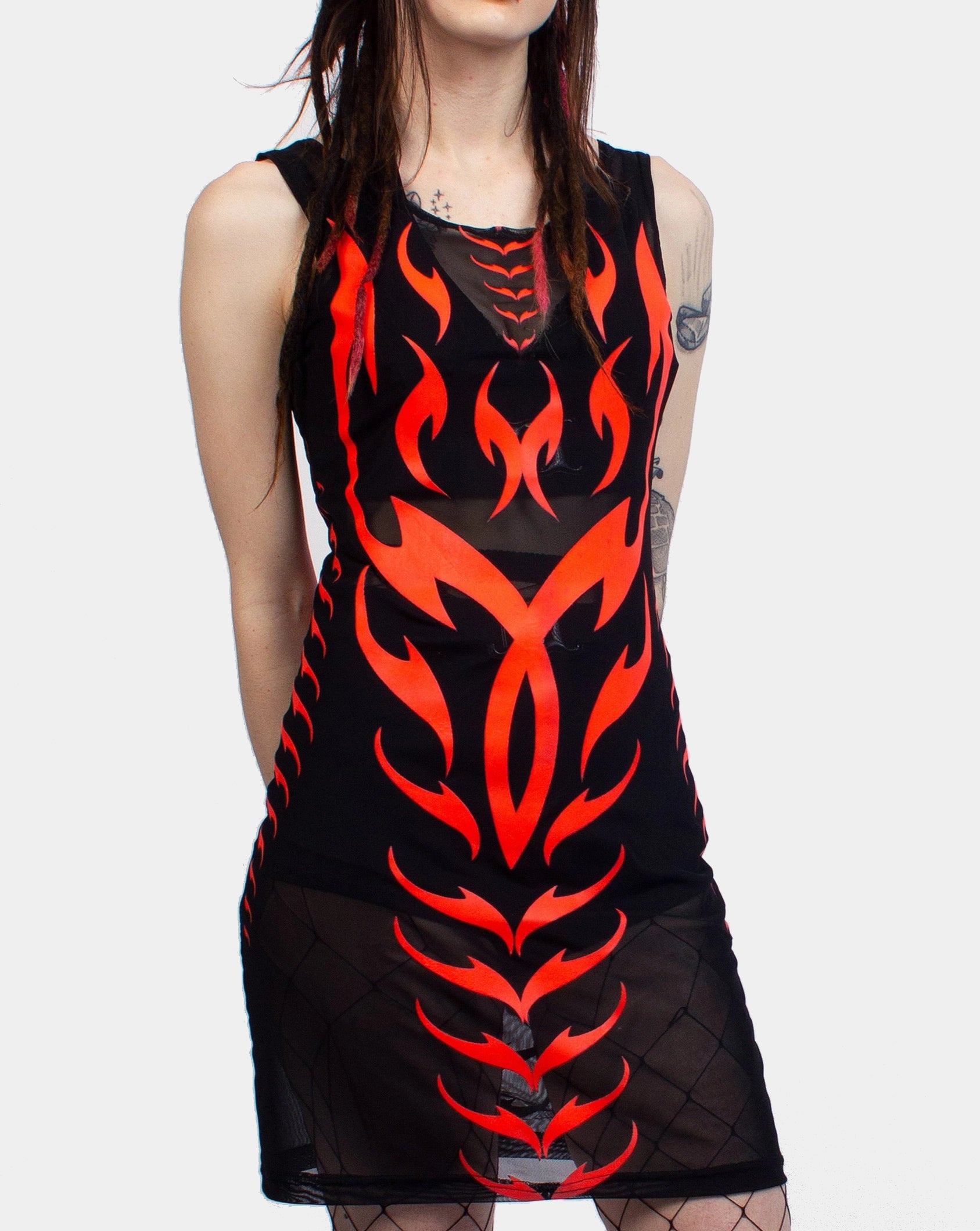 Reduced Prices BODYCON MESH DRESS TRIBAL PHOENIX BLACK / RED
