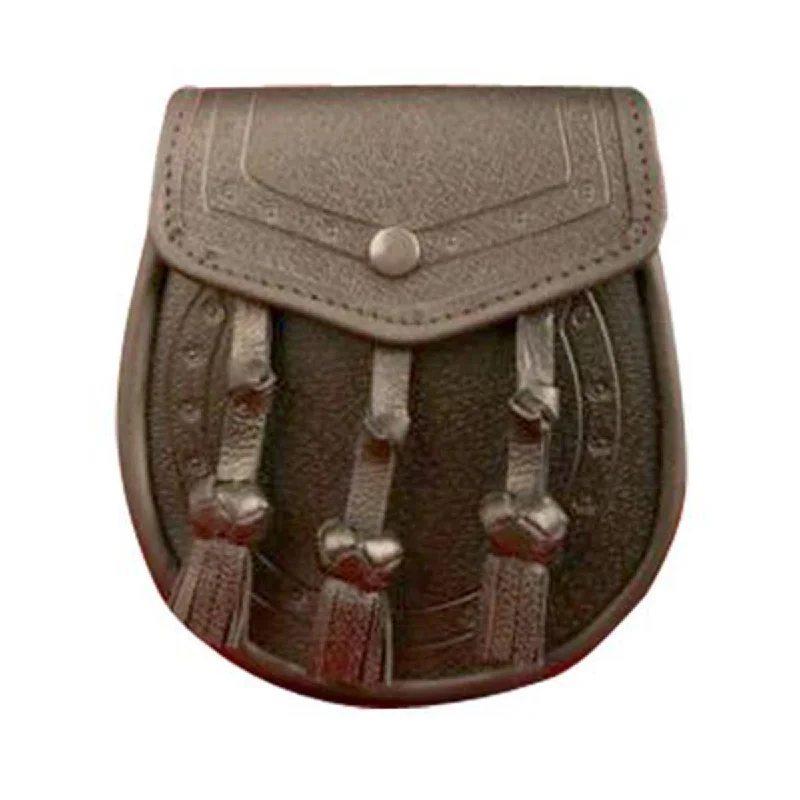 Crazy Deals Black or Brown Grained Leather Sporran Plain Lining With 3 Tassels