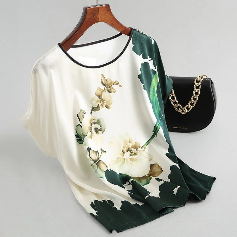 Markdowns Women Silk Satin Plus Size Floral Blouse