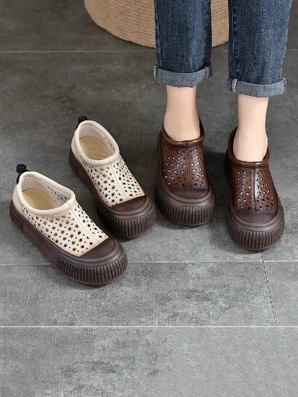 YEAR-End Clearance Women Summer Vintage Leather Cutout Platform Shoes AA1048