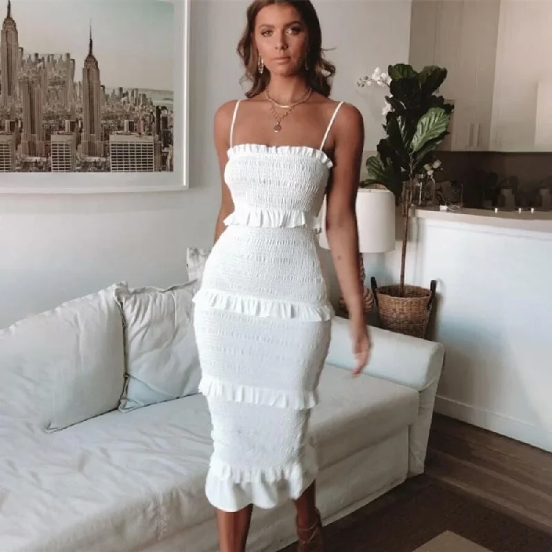 Clearance Sale solid color sexy sling pleated cake Maxi dress