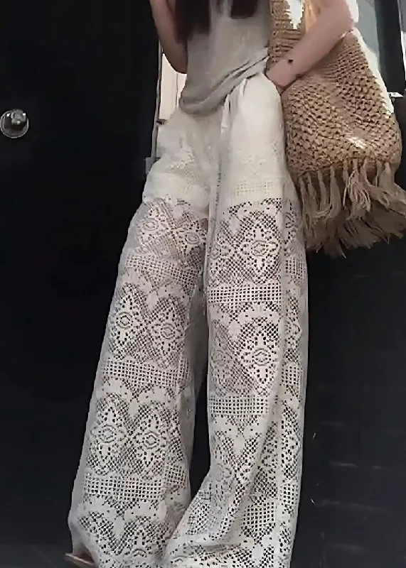 Loyalty Reward French White Hollow Out Pockets Elastic Waist Lace Pants Summer AB1012