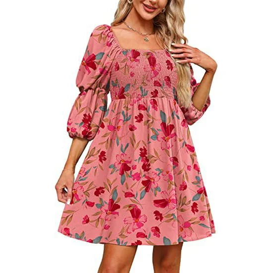 New Deals Square-neck Bubble Sleeve Pleated Backless Dress