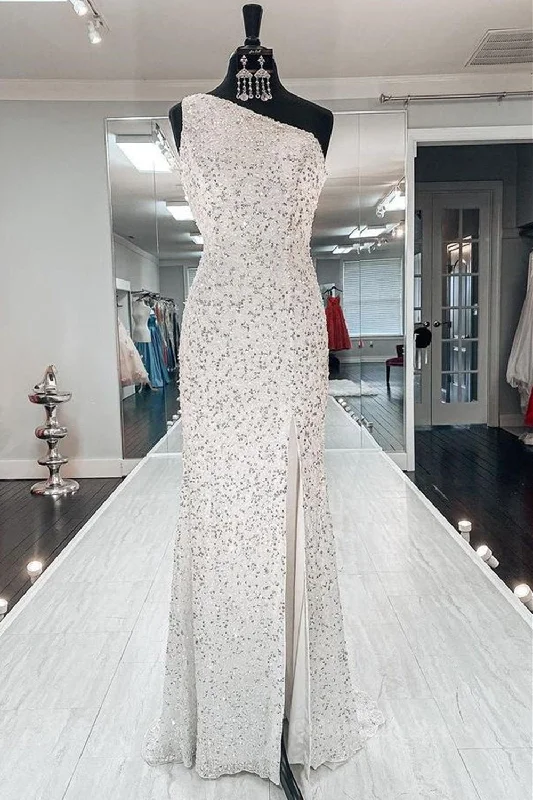 Buy Now One Shoulder Mermaid Sequins Ivory Long Corset Prom Dress, Open Back Mermaid Ivory Corset Formal Dress, Sequins Ivory Evening Dress outfit