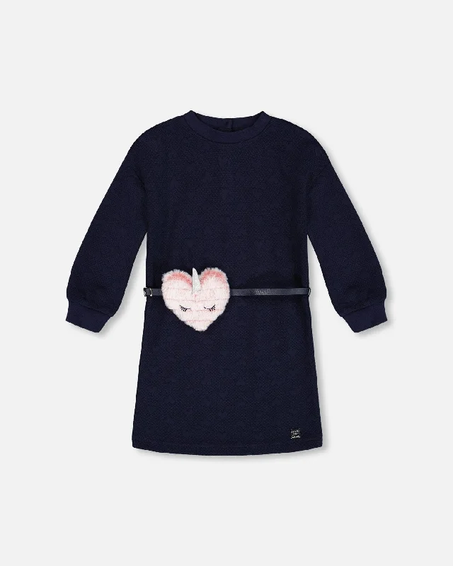 Year-End Sale Quilted Heart Fleece Dress With Belt Navy