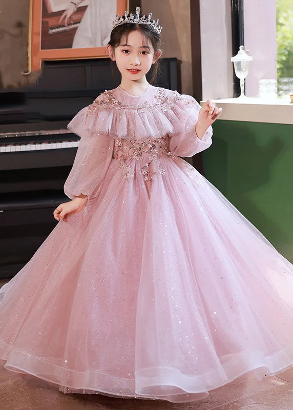 Deal Alert Beautiful Pink Sequins Patchwork Tulle Kids Maxi Dress Fall RP029
