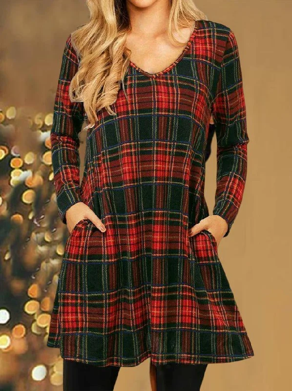 Year-End Sale Women Christmas Plaid Print Loose Holiday Knee-Length V-Neck Sexy Dress PJ5