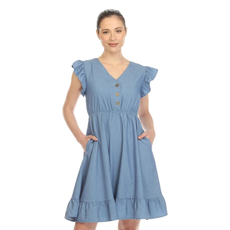 Don't Wait White Mark Womens Ruffle Sleeve Babydoll Dress V-Neck White Cotton Sizes S-3X