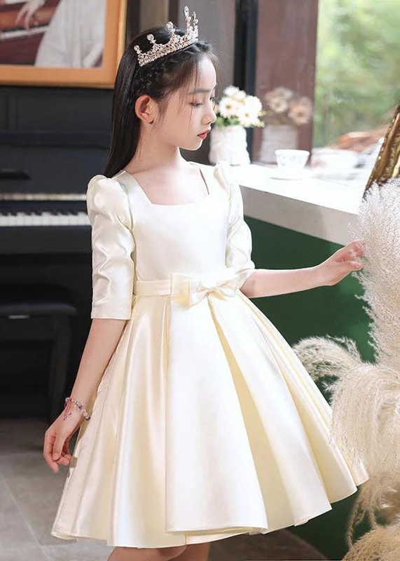Inventory Reduction Classy Champagne Square Collar Bow Satin Kids Mid Dresses Half Sleeve QV015 Inventory Reduction Classy Champagne Square Collar Bow Satin Kids Mid Dresses Half Sleeve QV015