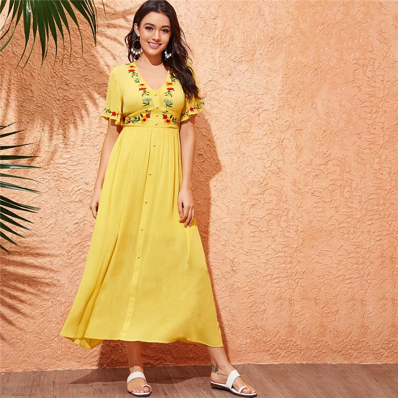 Steals and Deals Women's Summer A-Line V-Neck Maxi High-Waist Dress