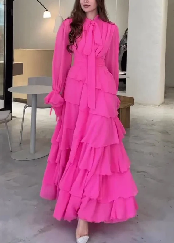 Final Clearance Fashion Rose Bow Ruffled Patchwork Chiffon Long Dress Fall WO059