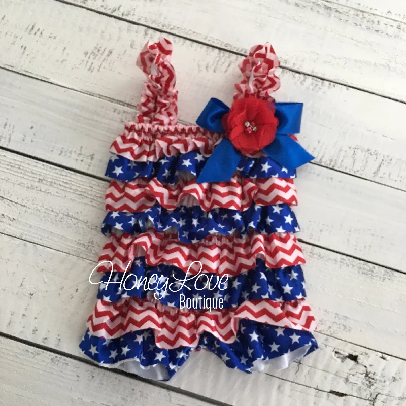 Don't Miss Satin & Lace Petti Romper - Patriotic, Stars - Red, White and Blue - with flower embellishment Don't Miss Satin & Lace Petti Romper - Patriotic, Stars - Red, White and Blue - with flower embellishment