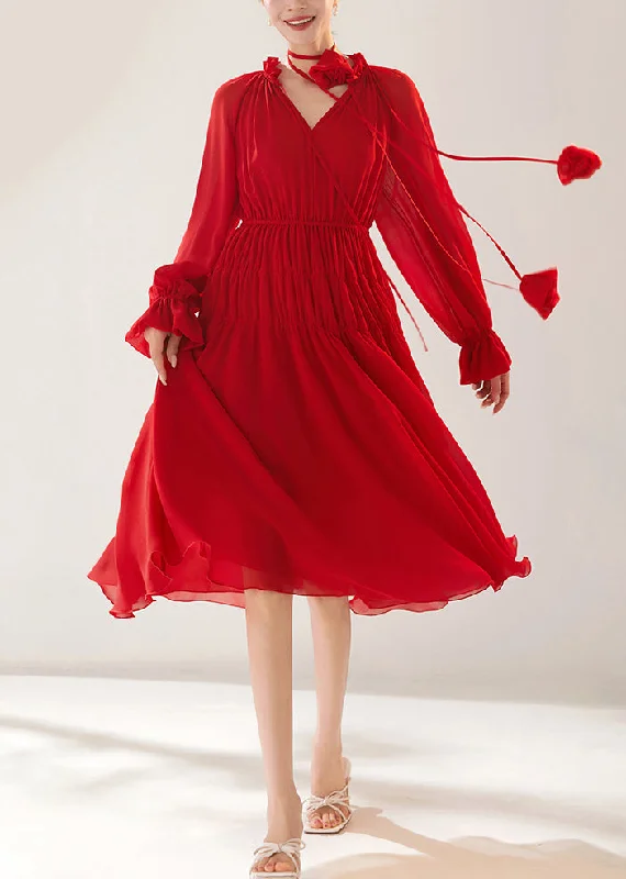 Epic Deals New Red Wrinkled Lace Up Chiffon Dress Fall QR030