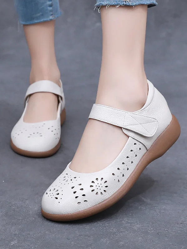 Weekend Deal Women Summer Artsy Solid Leather Cutout Flat Shoes FG1024