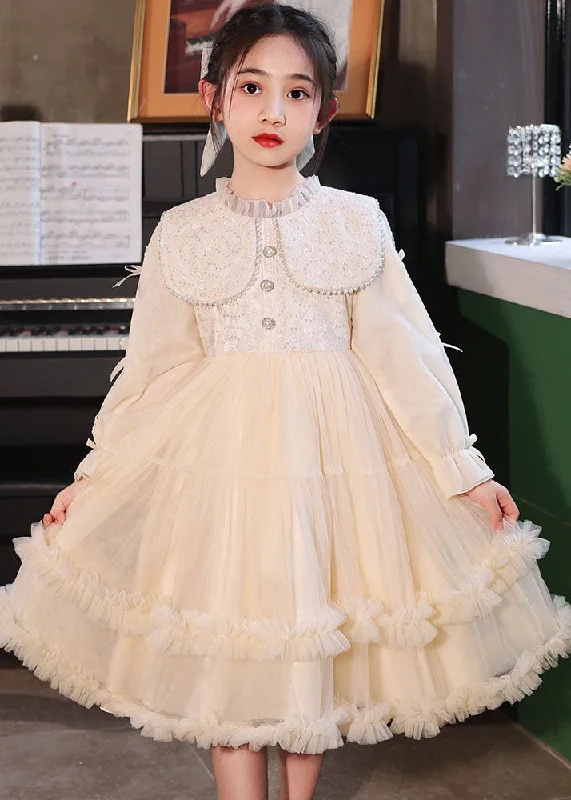 Price Meltdown Chic Champagne Ruffled Patchwork Button Tulle Girls Maxi Dress Long Sleeve QV021 Price Meltdown Chic Champagne Ruffled Patchwork Button Tulle Girls Maxi Dress Long Sleeve QV021