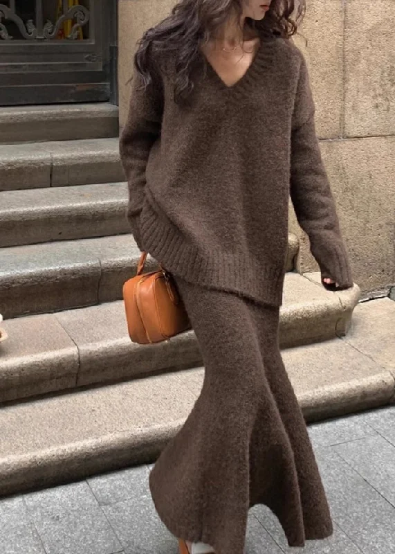 Deal Zone Plus Size Brown Cozy Cotton Knit Sweaters And Maxi Skirts Two Pieces Set Winter WV029 Deal Zone Plus Size Brown Cozy Cotton Knit Sweaters And Maxi Skirts Two Pieces Set Winter WV029