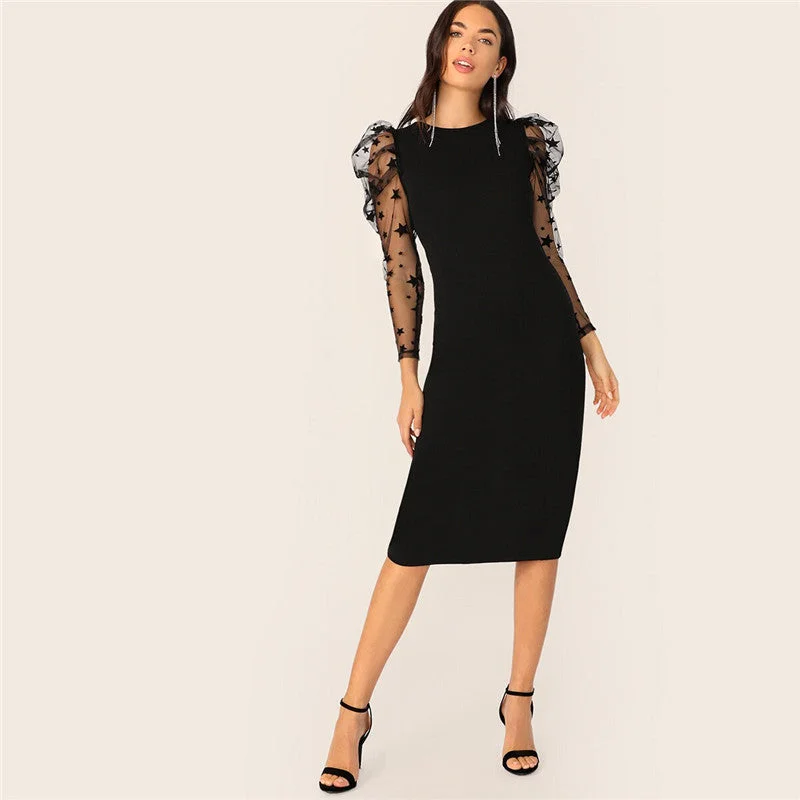 Stock Clearance Women's Summer O-Neck Puff-Sleeved Slim Midi Dress