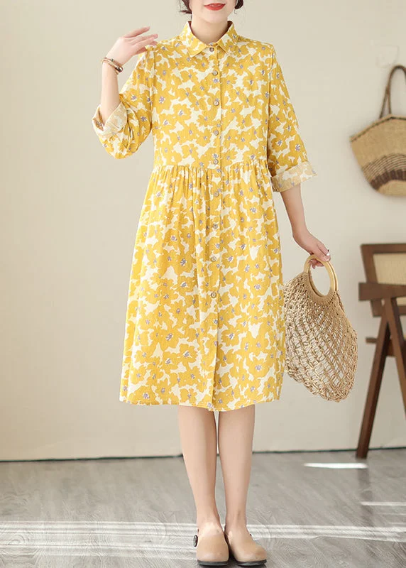 Special Price Women Yellow Peter Pan Collar Print Cotton Shirts Dresses Fall QA043