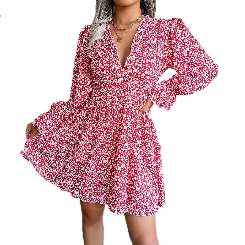 Price Cut Women Floral Print Waist Dress Deep V Neck Sexy Long Sleeve Party Mini Dress Price Cut Women Floral Print Waist Dress Deep V Neck Sexy Long Sleeve Party Mini Dress