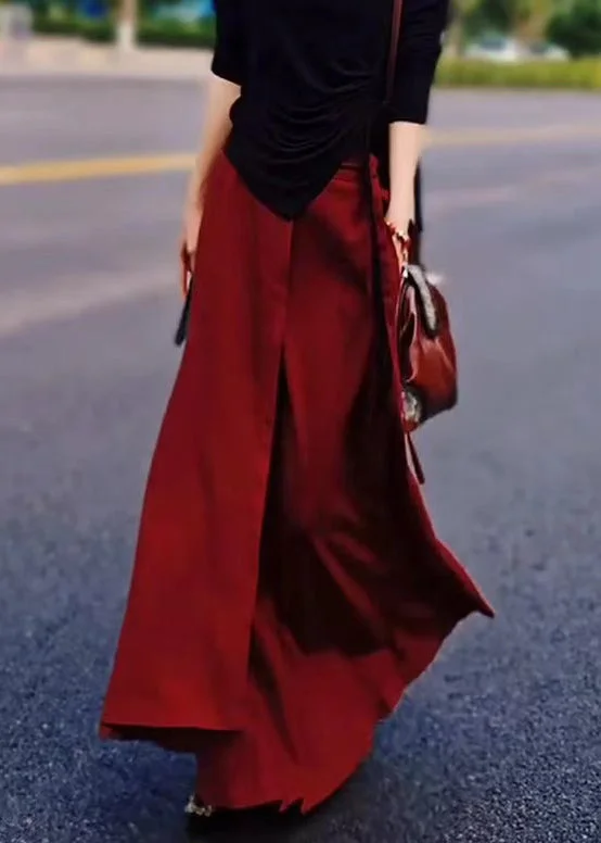 Unmissable Offer New Red Solid High Waist Silk Skirts Summer QV056